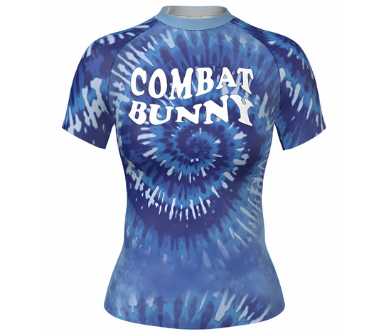 Women's Tight Fit Blue Tie Dye Rash Guard Short Sleeve