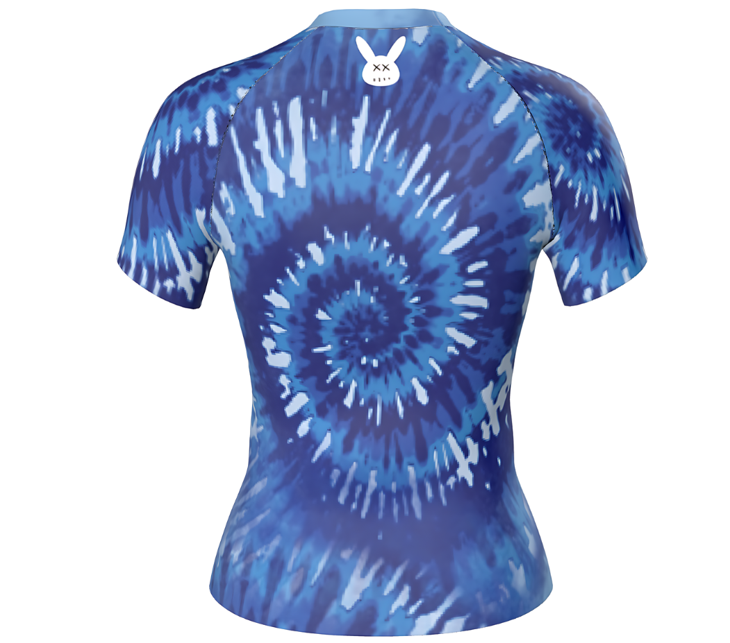 Women's Tight Fit Blue Tie Dye Rash Guard Short Sleeve