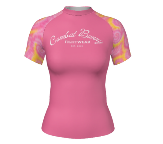 Women's Pink and Yellow Tie Dye Rash Guard Short Sleeve