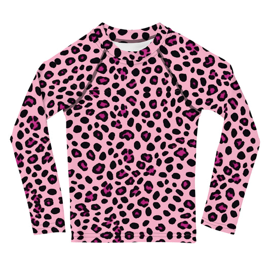 Kids Pink Leopard Print Long Sleeve Rash Guard