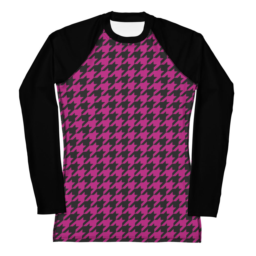 Women's Pink Houndstooth Long Sleeve Rash Guard